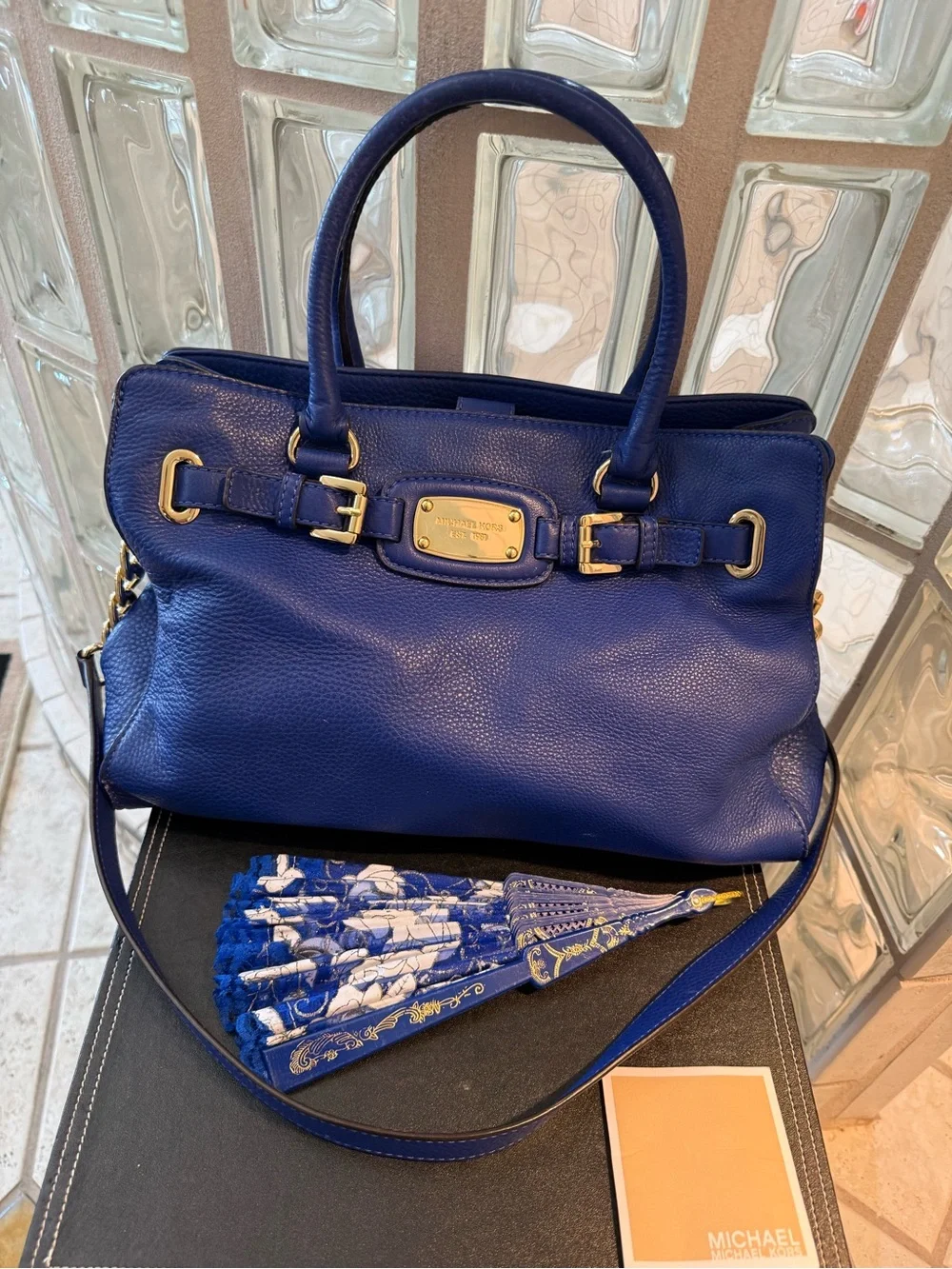 Michael Kors Cobalt Blue Large Hamilton Satchel, Crossbody Strap Gold Hardware.